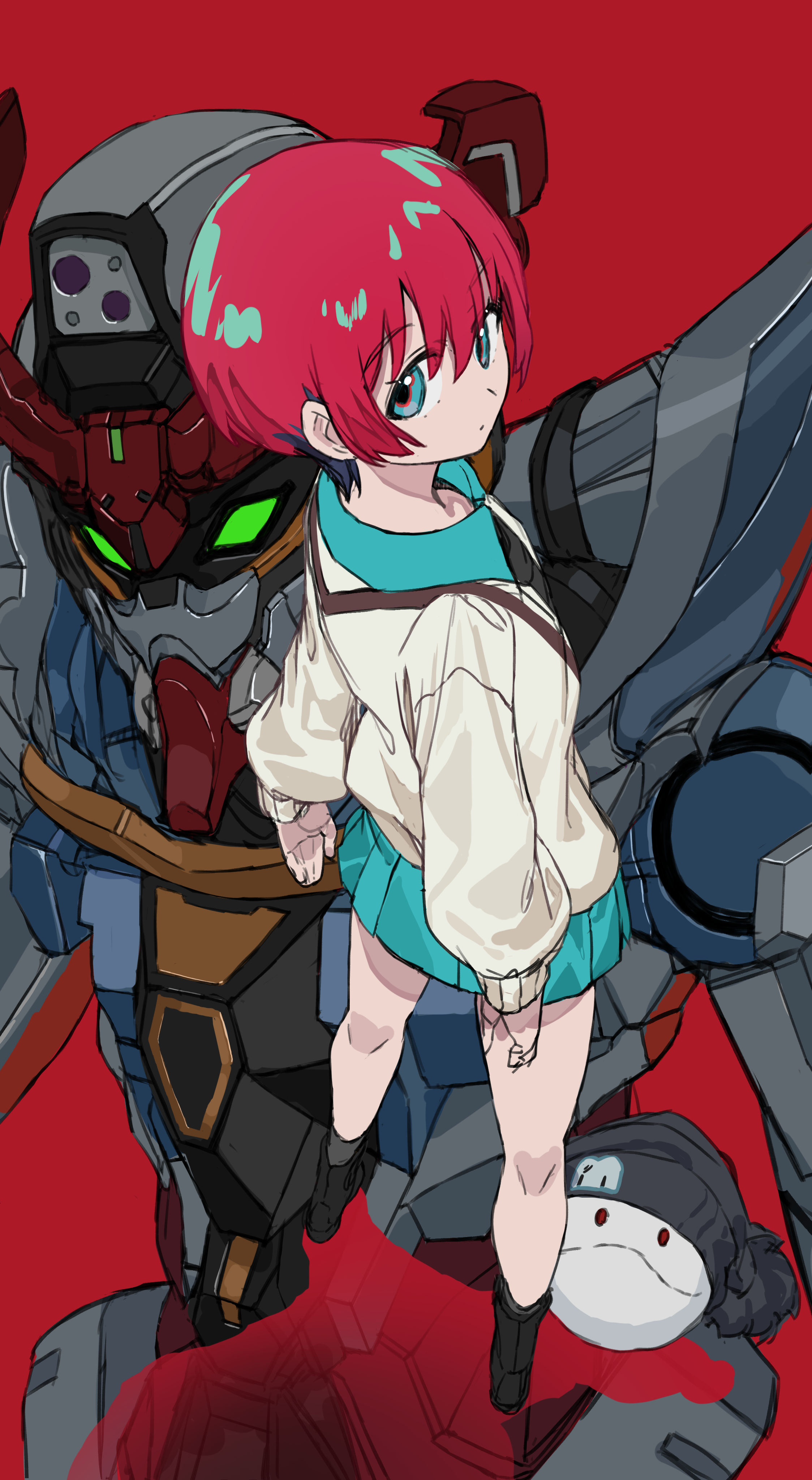 ranf, amate yuzuriha, gquuuuuux, haro, gundam, gundam gquuuuuux, absurdres, commentary request, highres, 1girl, beanie, black boots, black hat, blue eyes, blue skirt, boots, from above, from behind, full body, hat, looking at viewer, looking back, mecha, miniskirt, mobile suit, pleated skirt, red background, red hair, robot, science fiction, short hair, simple background, skirt, sweat