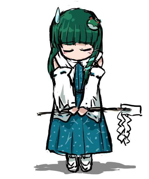 tsuyadashi shuuji, kochiya sanae, touhou, 1girl, bow, female focus, simple background, sketch, solo, standing, sweatdrop, white background