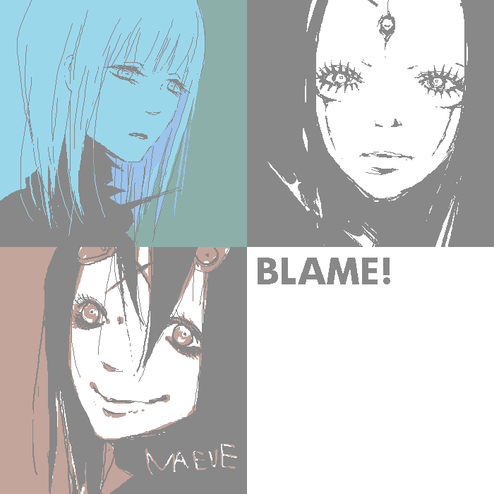 nogoodlife, cibo, maeve, maeve (blame!), pcell, blame!, 3girls, blue theme, character name, closed mouth, copyright name, english text, expressionless, hair between eyes, looking at viewer, monochrome, multiple girls, oekaki, smile, text focus, upper body