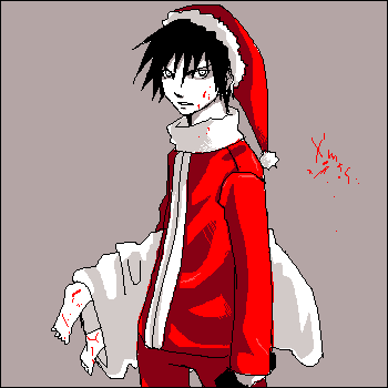 killy, blame!, lowres, 1boy, blood, christmas, gun, male focus, partially colored, santa costume, solo, weapon