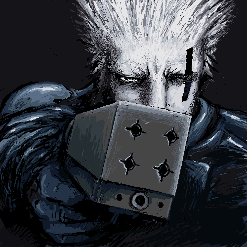 dhomochevsky, blame!, lowres, 1boy, blue theme, gun, male focus, monochrome, solo, upper body, weapon