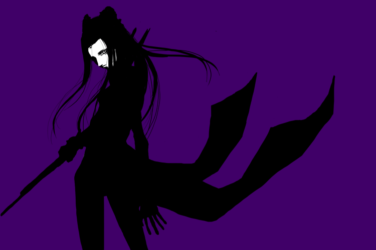 pcell, blame!, 1girl, female focus, from behind, long hair, looking back, monochrome, purple theme, silhouette, simple background, solo, sword, weapon