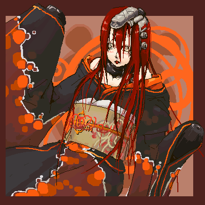 mado (mukade tou), maeve, maeve (blame!), blame!, bad id, bad pixiv id, lowres, 1girl, female focus, goth fashion, japanese clothes, kimono, long hair, off shoulder, red hair, solo