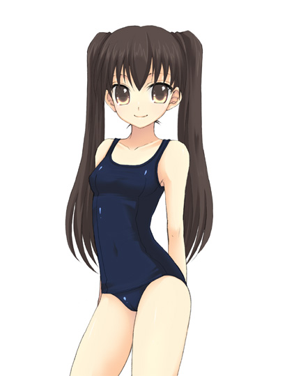 sakurai unan, original, 1girl, brown eyes, brown hair, female focus, looking at viewer, one-piece swimsuit, school swimsuit, simple background, solo, swimsuit, twintails, white background