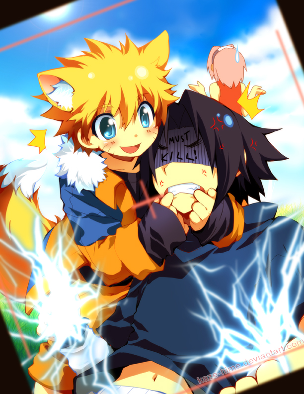 kaze-hime, haruno sakura, uchiha sasuke, uzumaki naruto, naruto (classic), naruto (series), bad id, bad pixiv id, 1girl, 2boys, ^^^, anger vein, animal ears, black hair, blonde hair, blue eyes, closed eyes, electricity, electrokinesis, english text, fox, fox ears, fox tail, jumpsuit, kemonomimi mode, multiple boys, photo (object), pink hair, smile, sweat, tail