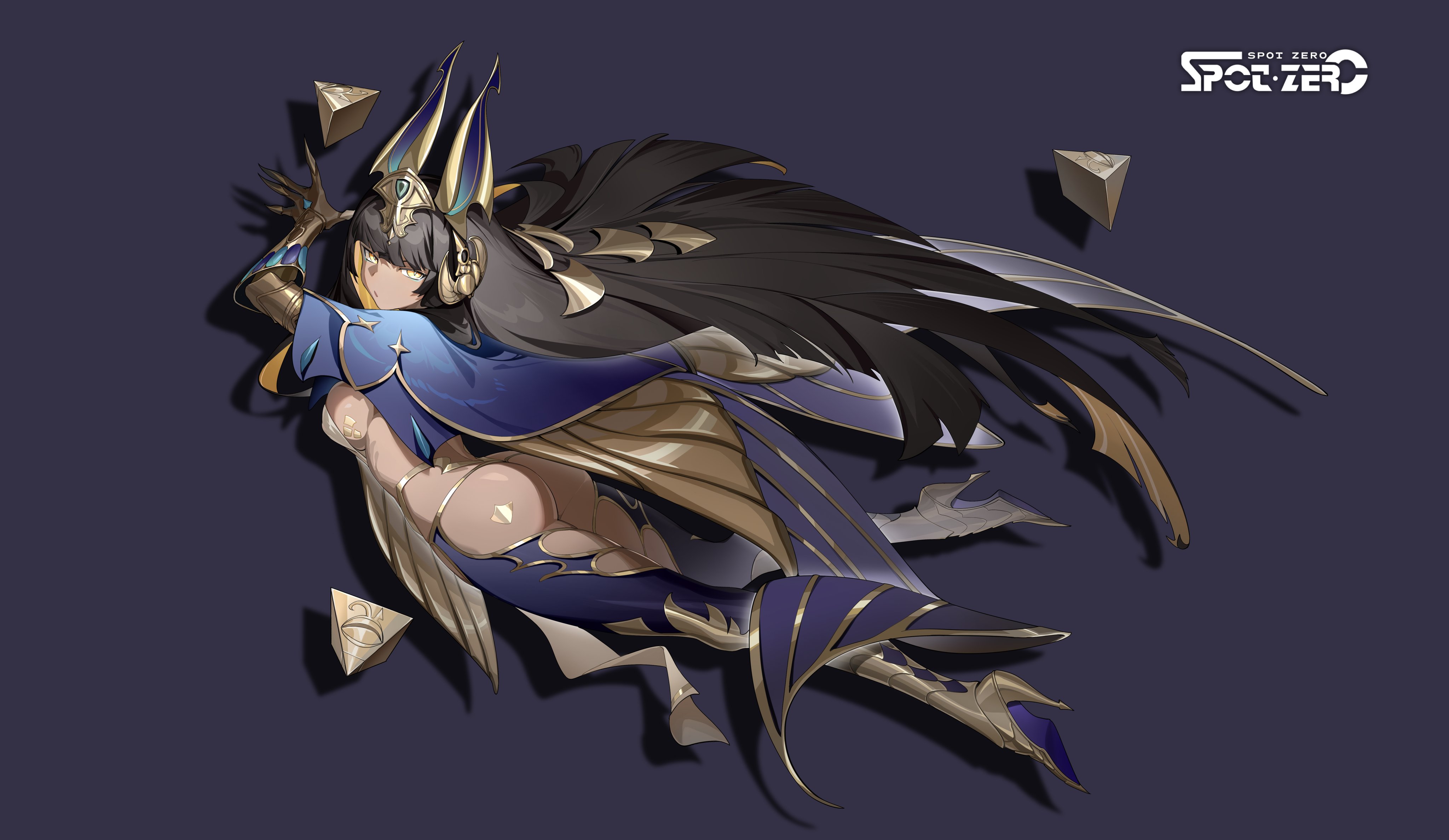 absurdres, artist request, highres, official art, 1girl, ass, blonde hair, blunt bangs, breasts, brown hair, cape, dark-skinned female, dark skin, gauntlets, hair ornament, high heels, long hair, multicolored hair, nepthys (spot zero), sideboob, simple background, spot zero, very long hair, yellow eyes