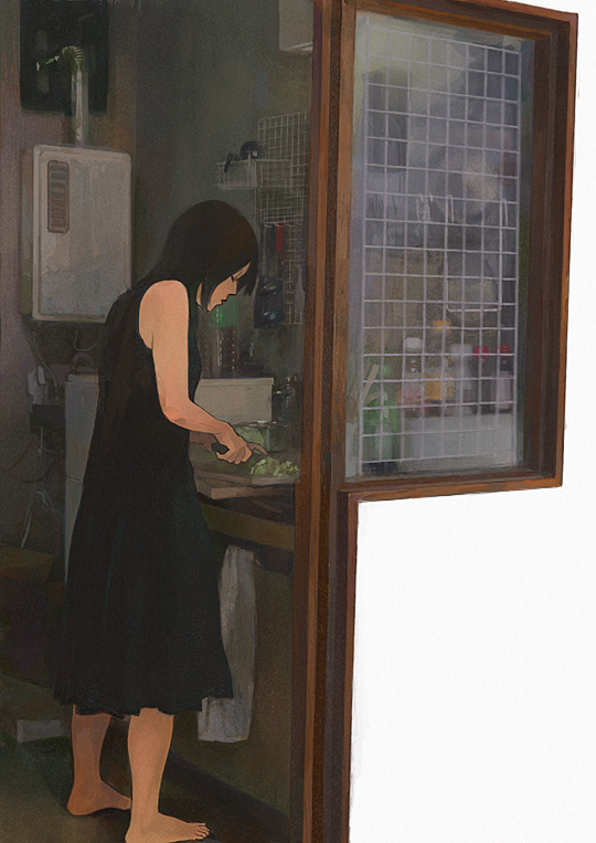 kumaori jun, original, bare shoulders, barefoot, cooking, dress, lettuce, solo, standing, window