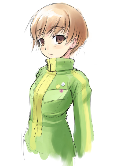 amei sumeru, satonaka chie, atlus, persona, persona 4, 1girl, brown eyes, brown hair, female focus, short hair, simple background, smile, solo, turtleneck