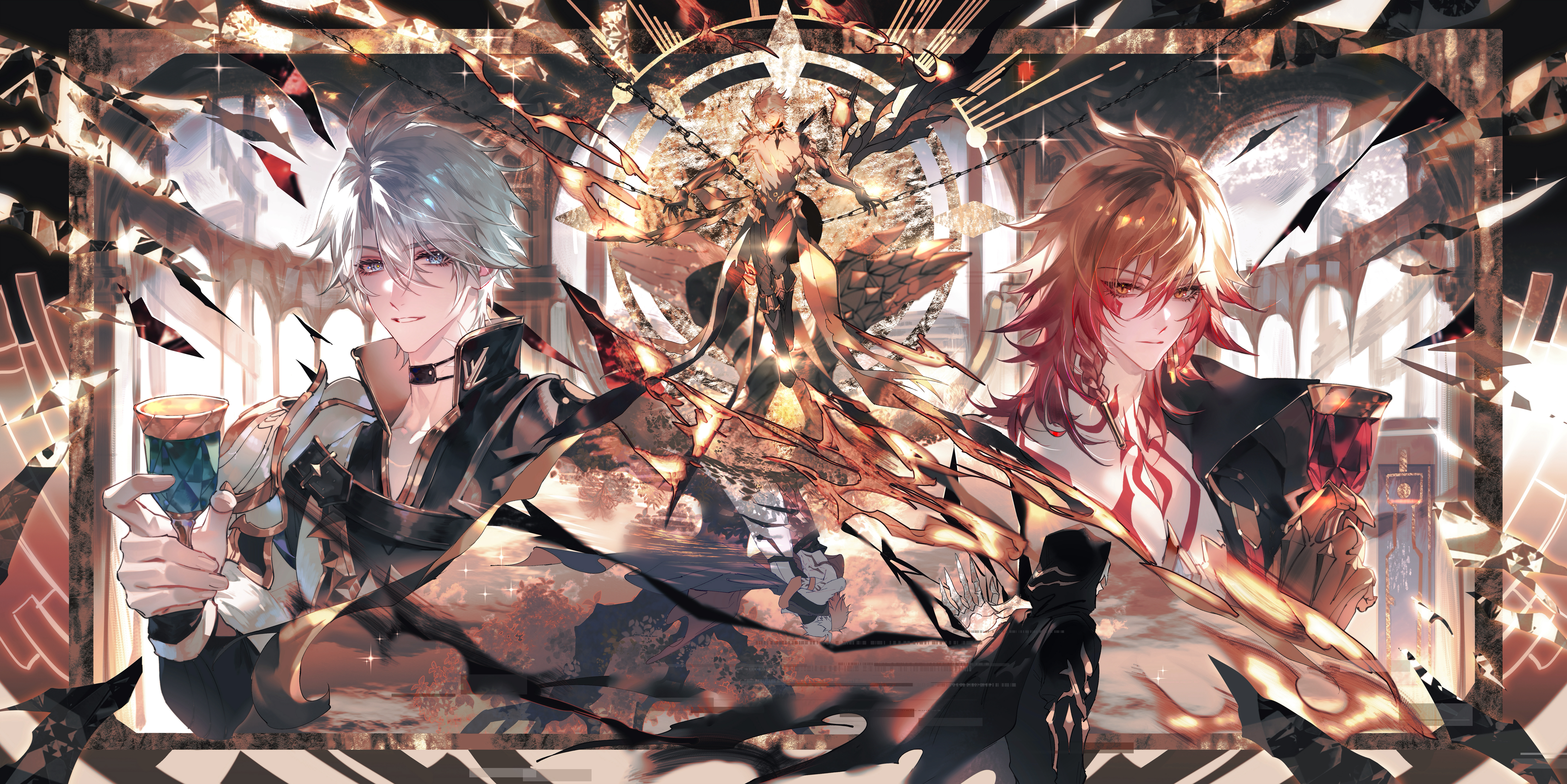 huuuhjjj, flame reaver of the deepest dark, mydei (honkai: star rail), phainon (honkai: star rail), phainon (khaslana) (honkai: star rail), honkai: star rail, honkai (series), absurdres, chinese commentary, commentary request, highres, 4boys, antenna hair, armor, black choker, black cloak, black coat, black shirt, blonde hair, blue eyes, braid, chest tattoo, choker, cloak, coat, cracked skin, cup, earrings, gold earrings, gradient hair, halo, halo behind head, holding, holding cup, hood, hood up, hooded cloak, jewelry, material growth, medium hair, multicolored hair, multiple boys, multiple persona, neck tattoo, open clothes, open coat, parted bangs, pauldrons, red hair, red tattoo, shirt, short hair, shoulder armor, side braid, single pauldron, sun symbol, sun tattoo, tan, tattoo, white coat, white hair, yellow blood, yellow eyes