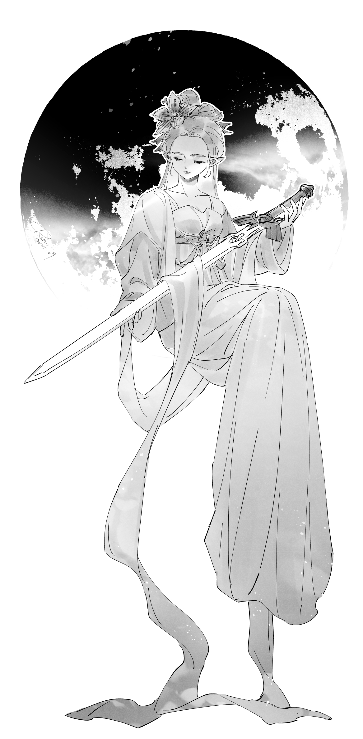 princess zelda, nintendo, the legend of zelda, the legend of zelda: breath of the wild, highres, 1girl, border, breasts, closed eyes, collarbone, dress, floating, flower, full body, greyscale, hair flower, hair ornament, holding, holding sword, holding weapon, japanese clothes, linkerrrrr721, long dress, long hair, master sword, medium breasts, monochrome, parted bangs, pointy ears, sidelocks, silent princess, solo, sword, updo, weapon, white border
