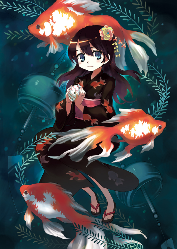 oryo (oryo04), original, bad id, bad pixiv id, 1girl, afloat, animal print, blue eyes, child, female focus, fish, fish print, floating, flower, goldfish, hair flower, hair ornament, japanese clothes, kimono, solo, underwater, wind chime