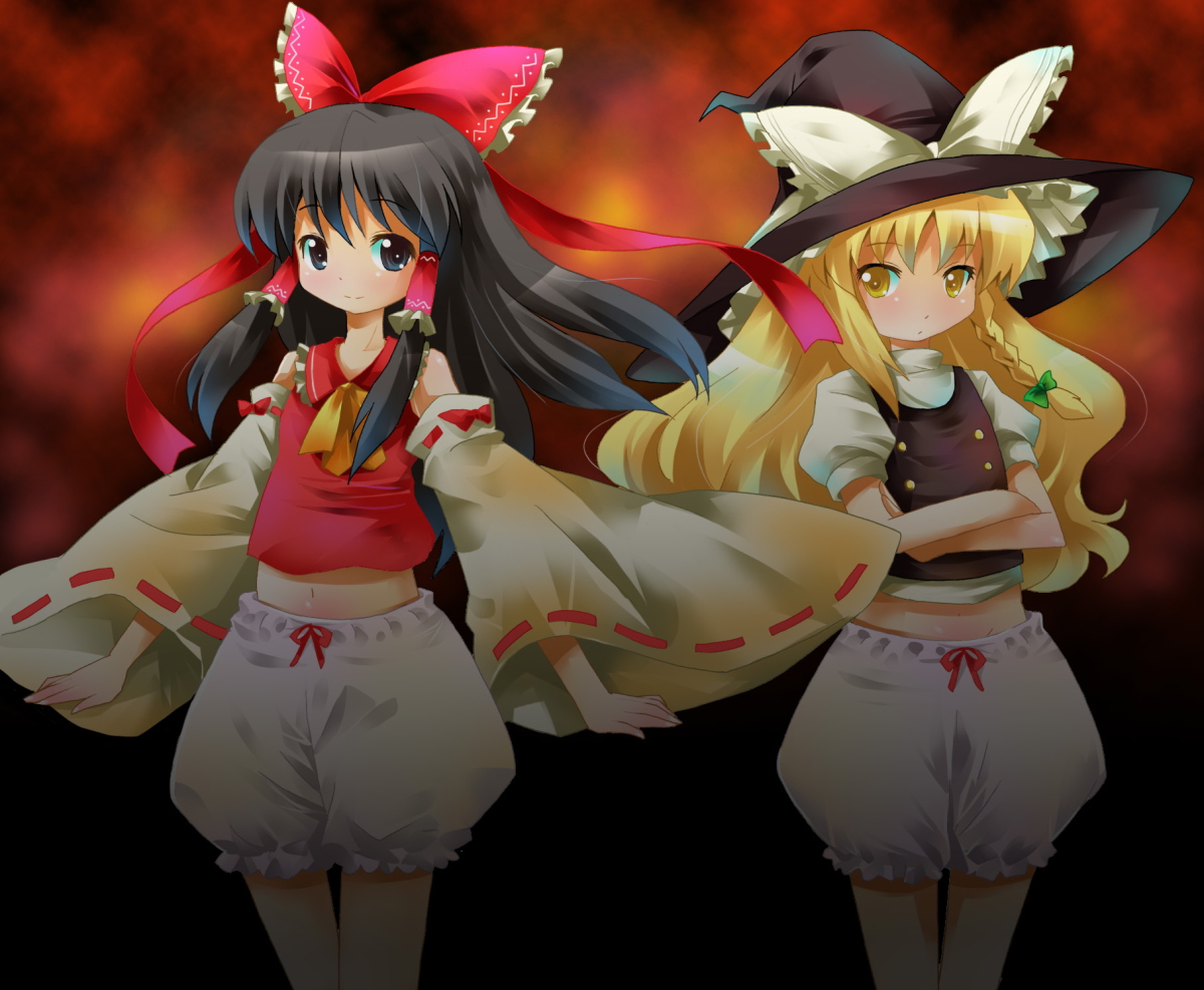 michii yuuki, hakurei reimu, kirisame marisa, touhou, bad id, bad pixiv id, 2girls, blonde hair, bloomers, female focus, gradient background, hat, japanese clothes, long hair, miko, multiple girls, navel, ribbon, underwear, white bloomers