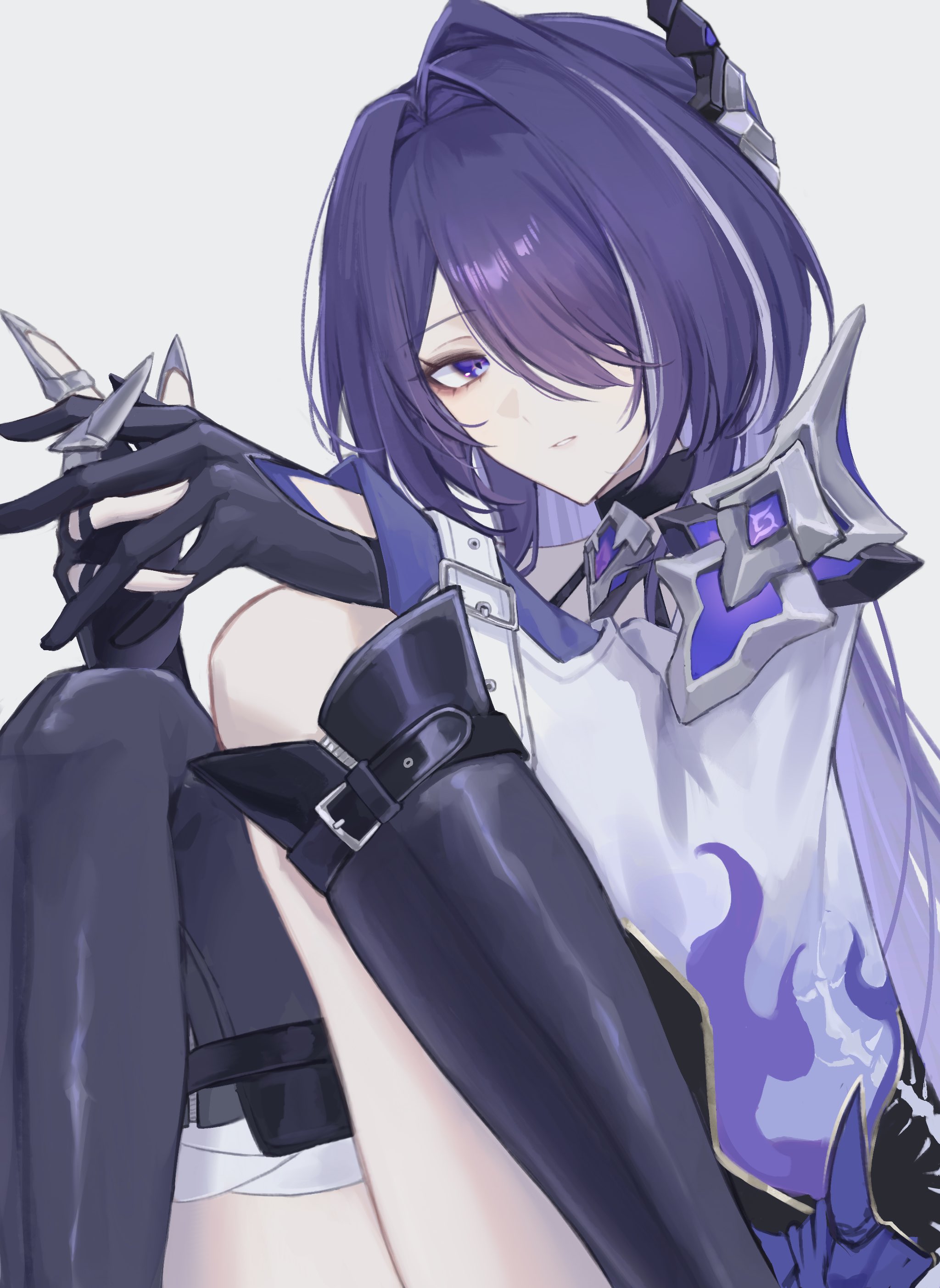klq gm, acheron (honkai: star rail), honkai: star rail, honkai (series), absurdres, highres, 1girl, asymmetrical legwear, bandaged leg, bandages, belt, black belt, black choker, boots, choker, gloves, hair ornament, hair over eyes, knee boots, long hair, long sleeves, looking to the side, multicolored eyes, multicolored hair, own hands together, parted lips, purple eyes, purple hair, single knee boot, single thigh boot, streaked hair, thigh boots, white streaks