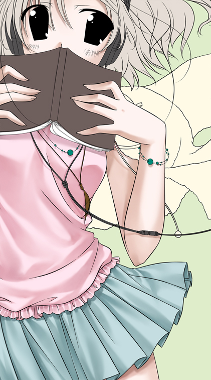 shouna mitsuishi, original, silver hair, 1girl, black eyes, blue skirt, book, bracelet, covered mouth, cowboy shot, female focus, green background, headphones, jewelry, miniskirt, pink shirt, scarf, shirt, simple background, skirt, solo