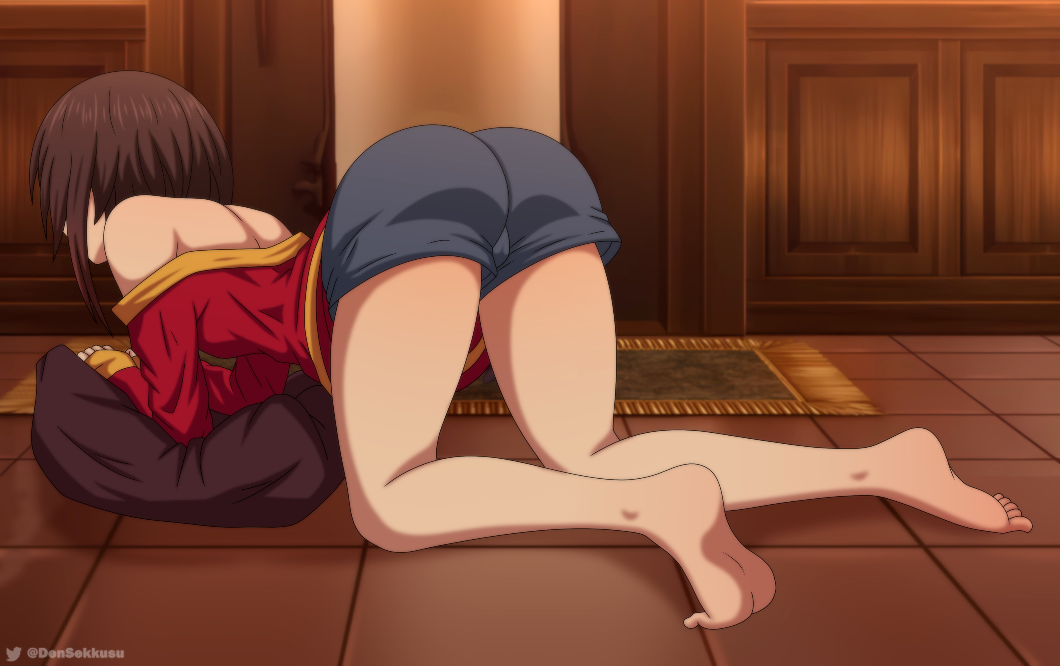 densekkusu, megumin, kono subarashii sekai ni shukufuku wo!, absurdres, highres, 1girl, ass, barefoot, brown hair, short hair, solo