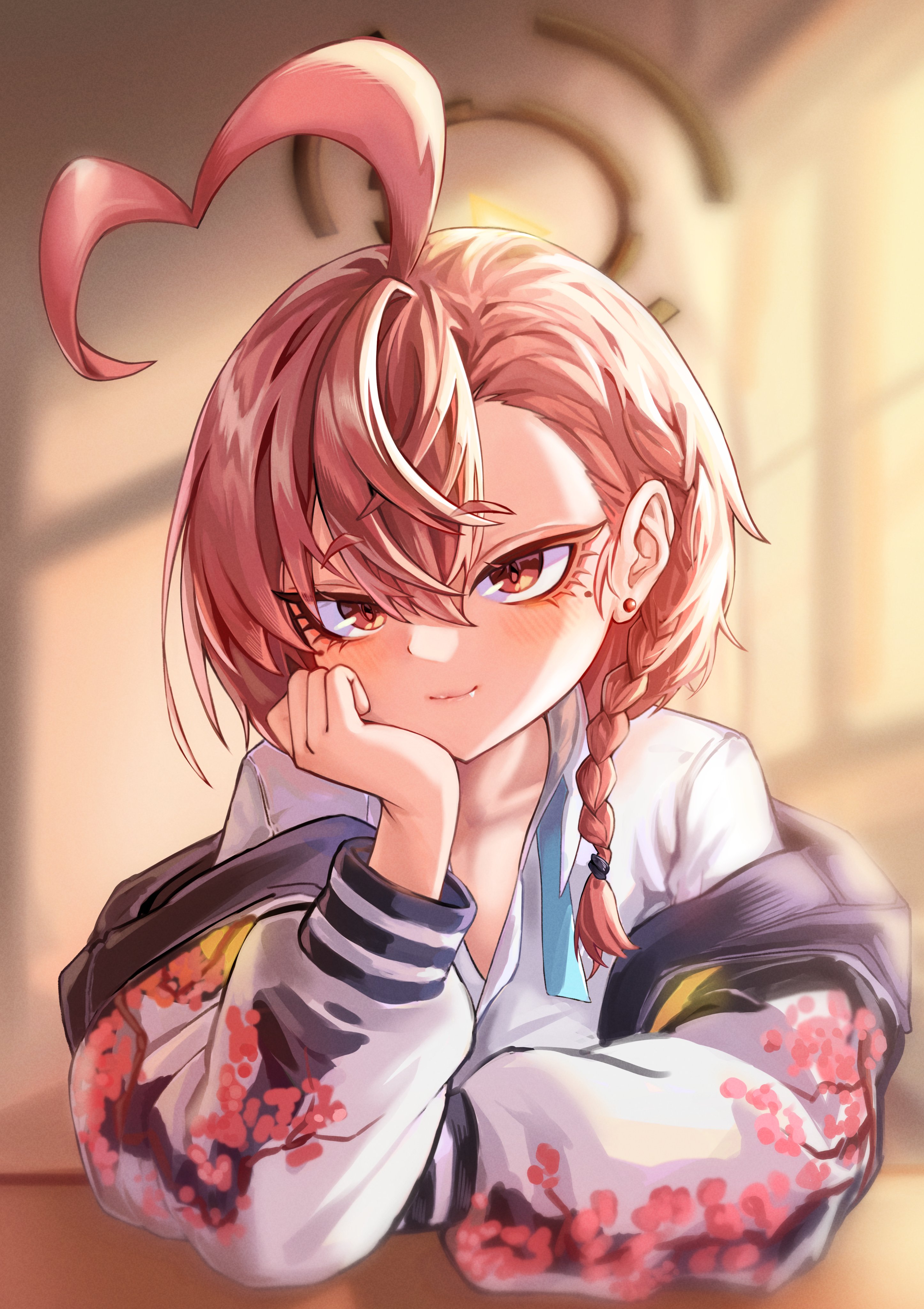 rutax xark, neru (blue archive), blue archive, absurdres, highres, 1girl, ahoge, arm on table, braid, earrings, floral print, floral print jacket, hair tie, halo, hand on own cheek, hand on own face, huge ahoge, jacket, jewelry, lips, mole, mole under each eye, mole under eye, multiple moles, necktie, off-shoulder jacket, off shoulder, open clothes, open jacket, orange hair, red eyes, shirt, short hair, side braid, smile, solo, sukajan, undone necktie, white shirt