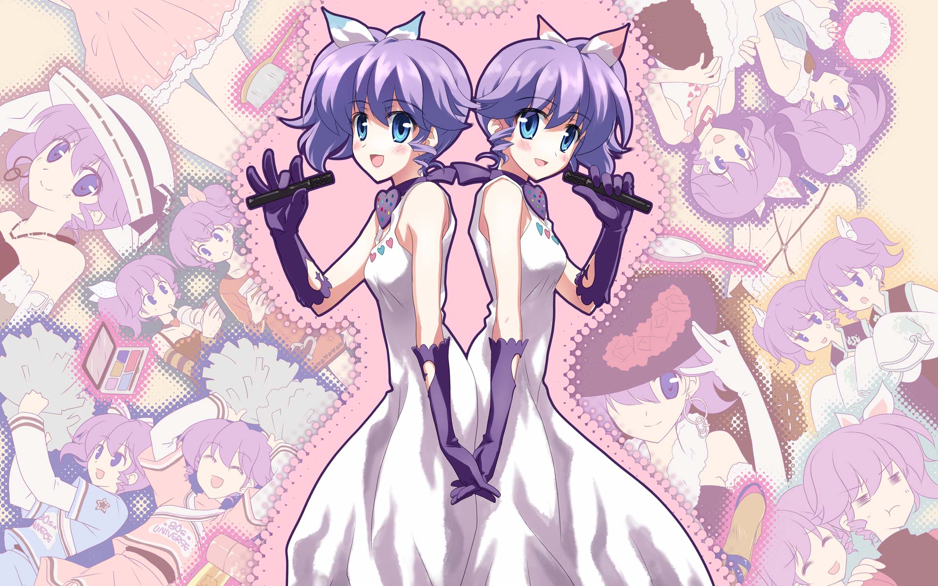 seha, yuuki tatsuya, djmax, djmax portable, ladymade star, highres, 2girls, blue eyes, gloves, hair ribbon, microphone, multiple girls, purple hair, ribbon, short hair, siblings, side ponytail, sisters, symmetry, twins