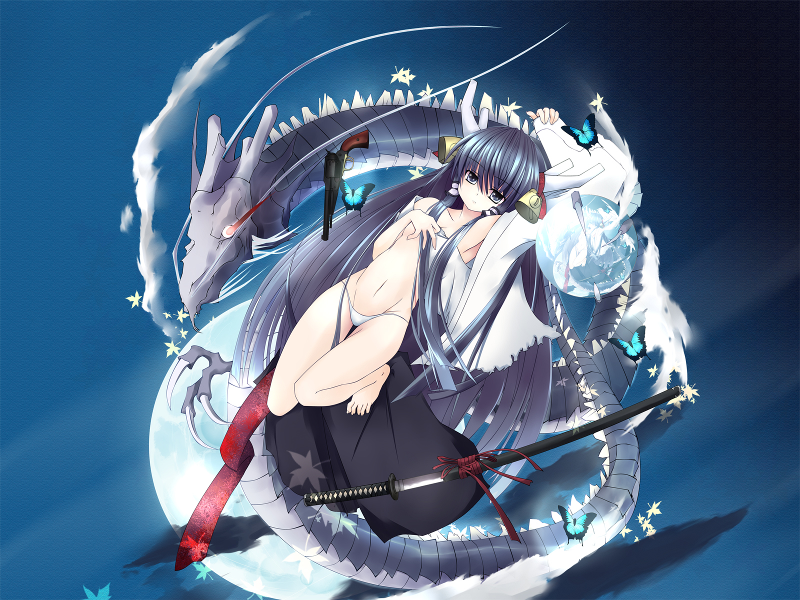 amatouna kuroneko, original, highres, amatou na kuroneko, bell, blue eyes, blue hair, bug, butterfly, dragon, gun, horns, insect, katana, leaf, long hair, lowleg, lowleg panties, lying, moon, open clothes, panties, solo, sword, underwear, very long hair, weapon, white panties