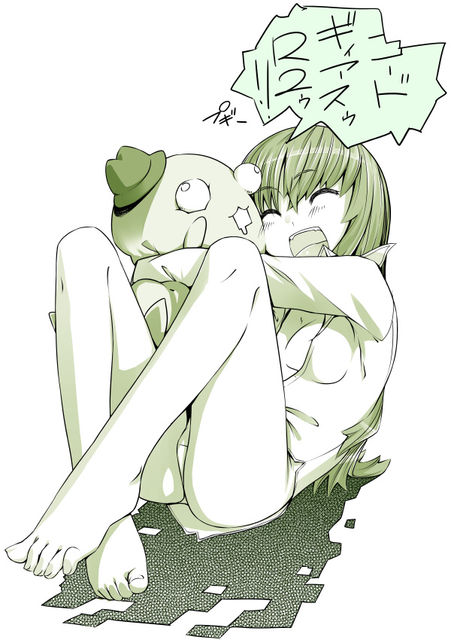 yukari (konekonekozou), c.c., cheese-kun, code geass, pizza hut, 00s, 1girl, barefoot, female focus, green theme, hug, lying, monochrome, open clothes, open shirt, panties, shirt, solo, underwear