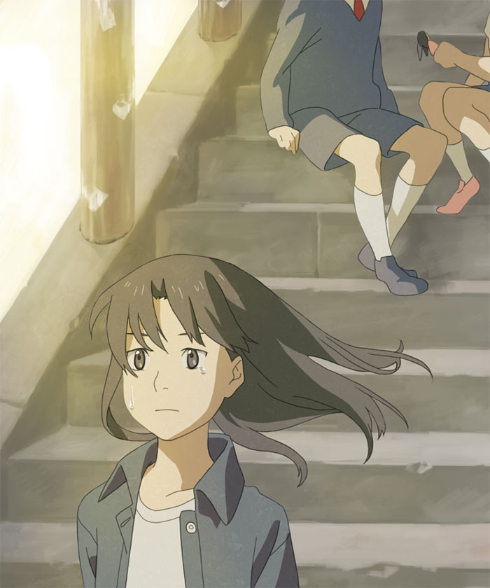 esukee, amasawa nobuhiko, amasawa yuuko, dennou coil, bad id, bad pixiv id, 00s, 1boy, 2girls, brown eyes, brown hair, jacket, long hair, multiple girls, sitting, sitting on stairs, stairs, tears
