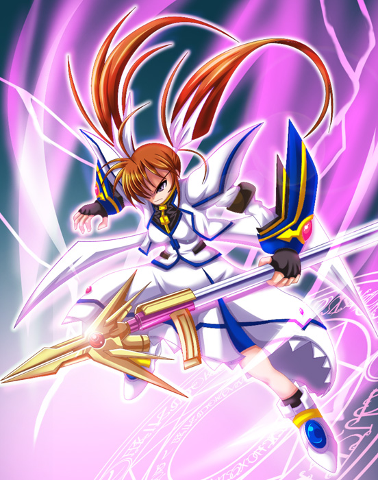 kose, raising heart, raising heart (exceed mode), takamachi nanoha, takamachi nanoha (exceed mode), lyrical nanoha, mahou shoujo lyrical nanoha, mahou shoujo lyrical nanoha strikers, bad id, bad pixiv id, 00s, 1girl, alternate costume, angry, female focus, fingerless gloves, gloves, jacket, magazine (weapon), magic circle, magical girl, open clothes, open jacket, solo, twintails, white devil