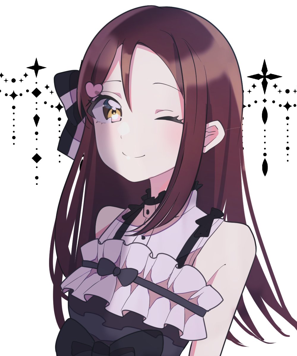 kam tuki, sakurauchi riko, love live!, love live! sunshine!!, commentary request, highres, 1girl, blush, hair ornament, heart, heart hair ornament, long hair, looking at viewer, one eye closed, red hair, solo, upper body, white background, yellow eyes