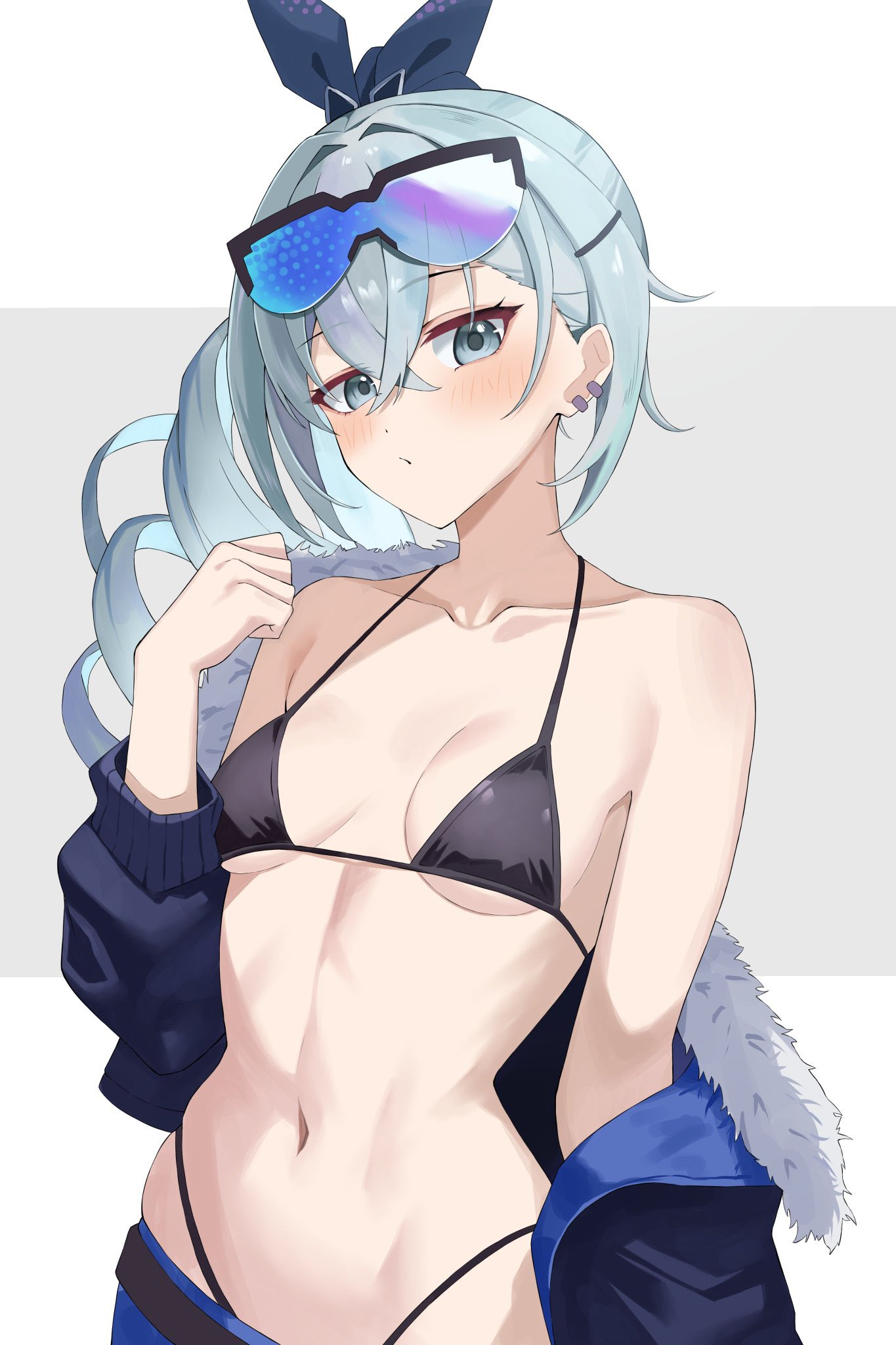 higashiwun izumi, silver wolf (honkai: star rail), honkai: star rail, honkai (series), highres, 1girl, adapted costume, bikini, black bikini, black jacket, blush, breasts, clothes down, collarbone, crossed bangs, drill hair, drill ponytail, ear piercing, eyewear on head, goggles, goggles on head, grey background, grey eyes, grey hair, jacket, long hair, looking at viewer, navel, piercing, single drill, small breasts, solo, stomach, swimsuit