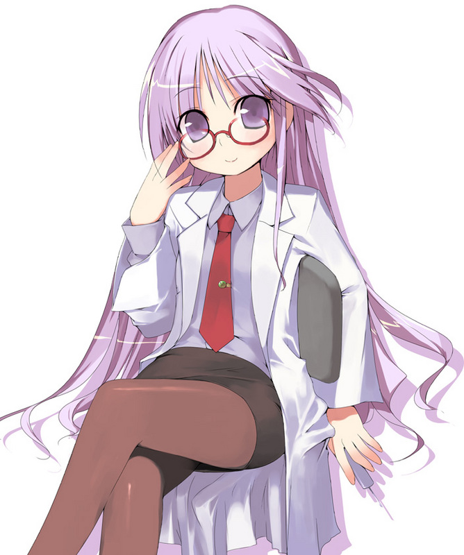 watarase jun, happiness!, 00s, 1boy, blush, glasses, lab coat, long hair, male focus, necktie, pantyhose, purple eyes, purple hair, sitting, smile, solo, trap