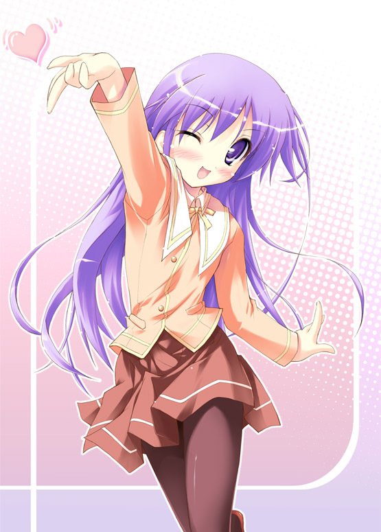 watarase jun, happiness!, 00s, 1boy, crossdressing, crossdressing (mtf), heart, long hair, male focus, one eye closed, purple eyes, purple hair, school uniform, serafuku, solo, trap, wink
