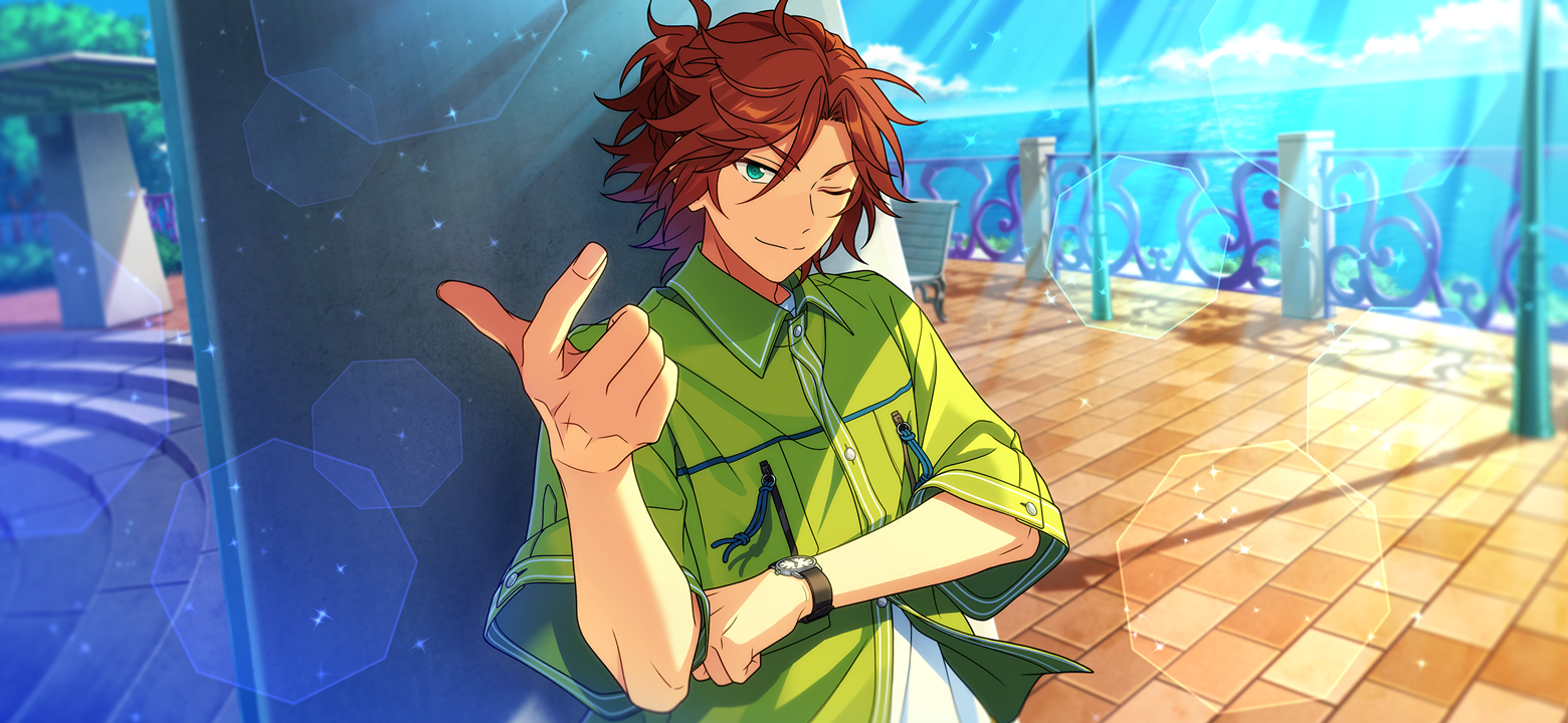 happy elements, mikejima madara, ensemble stars!, game cg, official art, third-party source, 1boy, bench, brown hair, buttons, clenched hand, closed mouth, collared shirt, dominant (ensemble stars!), fingernails, green eyes, hand up, looking at viewer, male focus, ocean, one eye closed, shirt, short sleeves, smile, solo, split mouth, stairs, upper body, watch, wristwatch