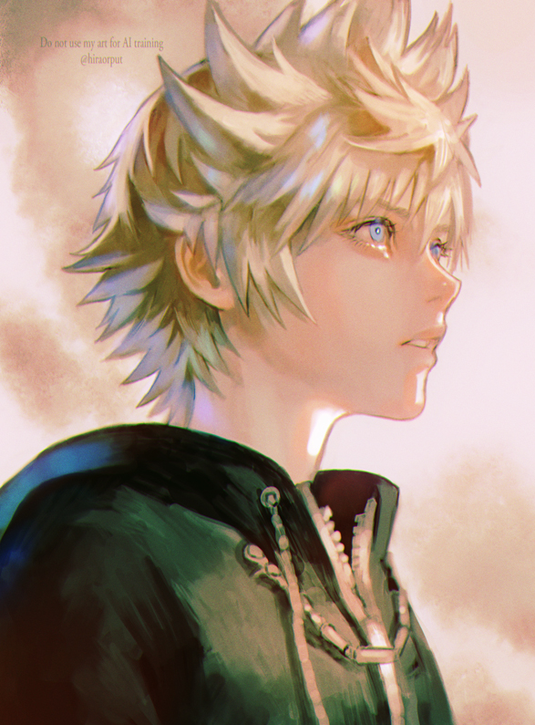 hirao (hiered), roxas, kingdom hearts, kingdom hearts ii, 1boy, black robe, blue eyes, hair between eyes, hood, hood down, hooded robe, male focus, parted lips, portrait, robe, short hair, solo, spiked hair, twitter username, upper body