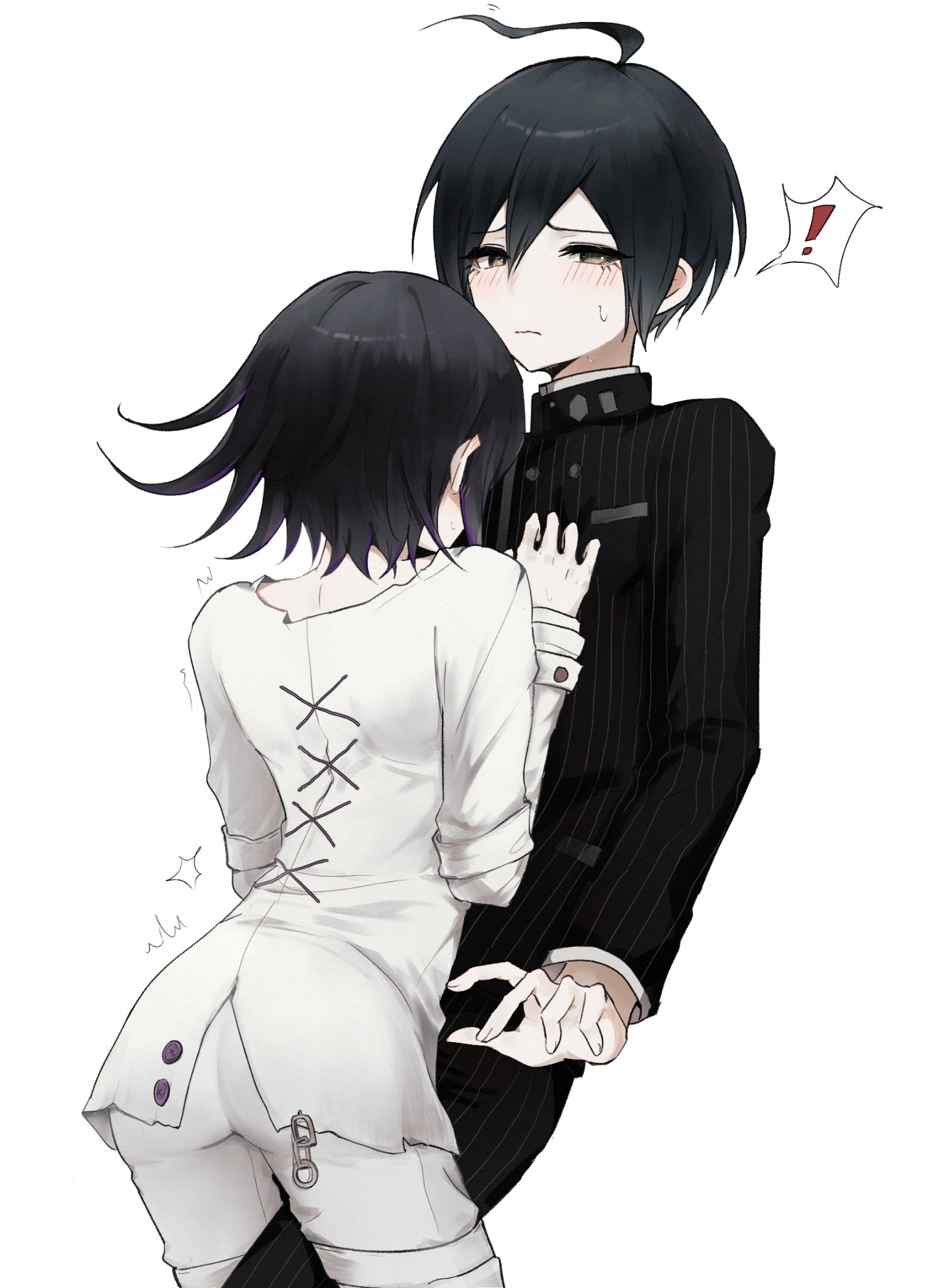 oma kokichi, saihara shuichi, danganronpa (series), danganronpa v3: killing harmony, commentary request, highres, !, 2boys, ahoge, arm belt, ass, black hair, blush, brown eyes, buttons, collared jacket, cross-laced clothes, cross-laced top, flipped hair, flustered, hair between eyes, hand on another's chest, height difference, jacket, leg between thighs, long sleeves, looking at viewer, male focus, multiple boys, nape, no scarf, pale skin, pants, pinstripe jacket, pinstripe pattern, purple hair, short hair, shy, simple background, spoken exclamation mark, sweatdrop, thigh strap, trembling, white background, yaoi, zr 310
