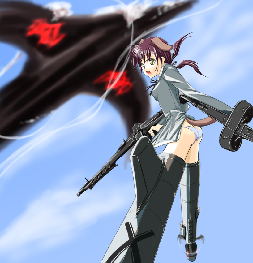 chiaki lsd, gertrud barkhorn, strike witches, world witches series, 00s, 1girl, ass, blush, brown hair, day, double-drum magazine, drum magazine, dual wielding, female focus, flying, from behind, green eyes, gun, high-capacity magazine, holding, holding weapon, long sleeves, looking to the side, machine gun, machinery, magazine (weapon), mg42, rifle, saddle-drum, short hair, solo, striker unit, weapon