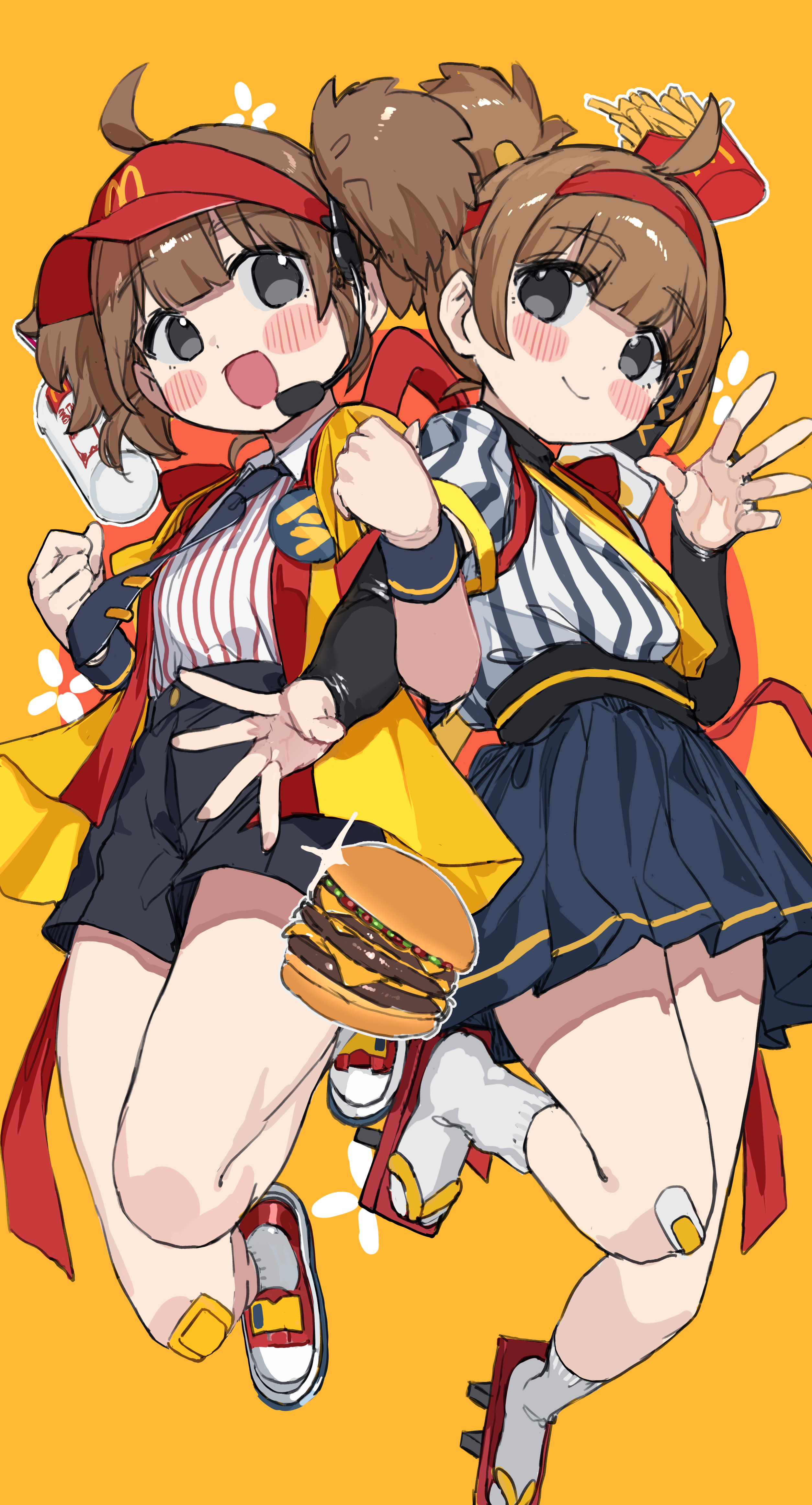 ranf, imadake dabuchi tabemi, samurai tamago tabemi, mcdonald's, absurdres, commentary request, highres, 2girls, :d, ahoge, black eyes, black shorts, black skirt, blue necktie, blush stickers, brown hair, burger, food, hairband, looking at viewer, multiple girls, necktie, open mouth, orange background, red hairband, shirt, shorts, skirt, smile, striped clothes, striped shirt, vertical-striped clothes, vertical-striped shirt, visor cap, white shirt, x (symbol)