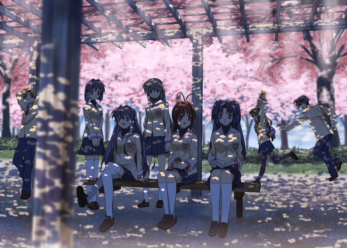 nagareboshi, fujibayashi kyou, fujibayashi ryou, furukawa nagisa, ibuki fuuko, ichinose kotomi, okazaki tomoya, sakagami tomoyo, sunohara youhei, clannad, 00s, 2boys, 6+girls, antenna hair, bench, cherry blossoms, dappled sunlight, everyone, kneehighs, multiple boys, multiple girls, pantyhose, school uniform, serafuku, shade, siblings, sisters, socks, starfish, sunlight, thighhighs, tree shade, twins