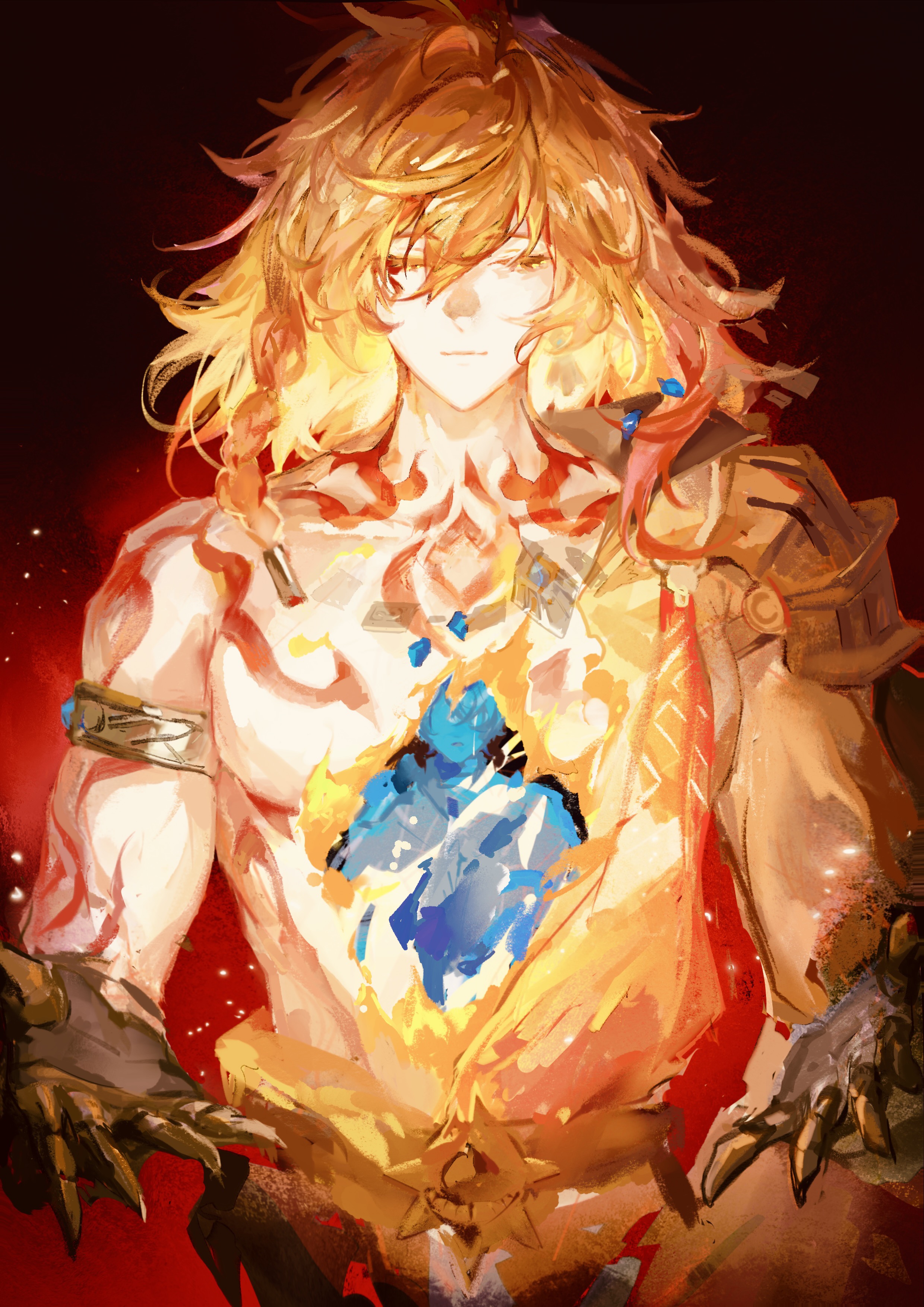 mydei (honkai: star rail), phainon (honkai: star rail), honkai: star rail, honkai (series), absurdres, chinese commentary, commentary request, highres, 2boys, arm tattoo, armlet, black coat, blonde hair, braid, chest tattoo, clawed gauntlets, closed eyes, coat, facial tattoo, gold necklace, gradient hair, guanyutamen, jewelry, male focus, medium hair, multicolored hair, multiple boys, necklace, open clothes, open coat, red hair, red tattoo, side braid, tattoo