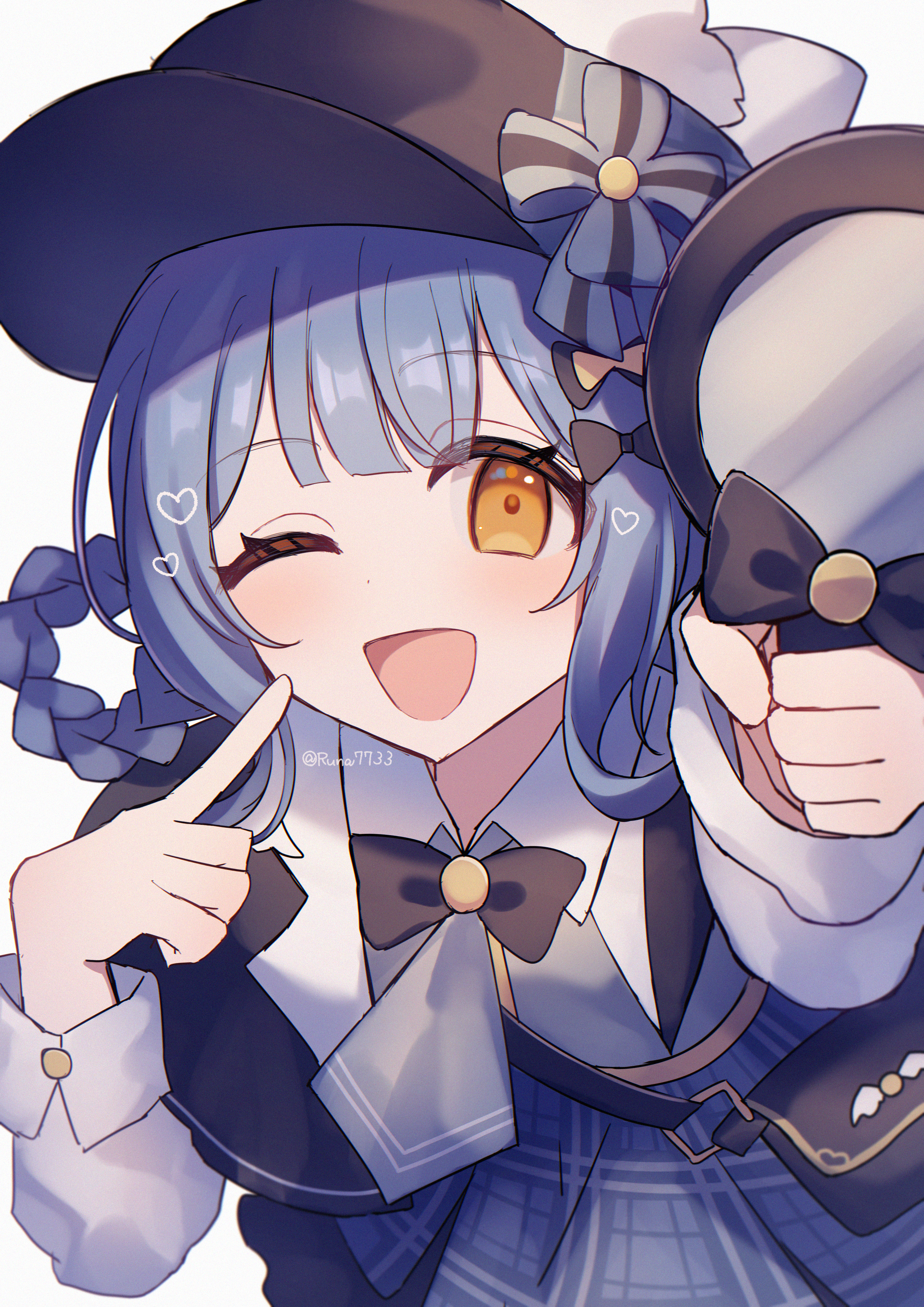 runa (runa7733), tachibana sherry, mahou shoujo no majo saiban, absurdres, commentary request, highres, 1girl, ;d, black bow, black capelet, black hat, blue hair, blue skirt, blunt bangs, bow, braid, braided hair rings, capelet, deerstalker, detective, finger to cheek, grey vest, hair rings, hat, holding, holding magnifying glass, index finger raised, looking at viewer, magical girl, magnifying glass, one eye closed, open mouth, pleated skirt, skirt, smile, solo, twitter username, vest, white background, yellow eyes