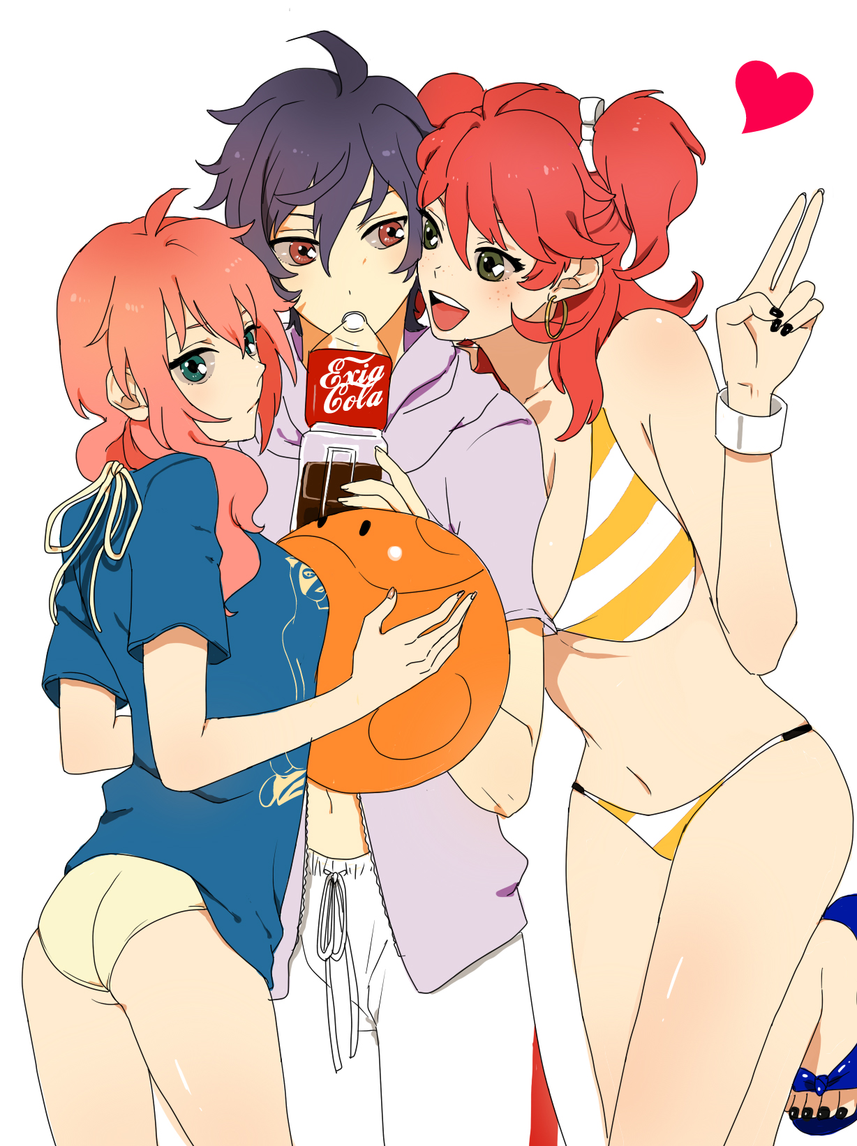 belluch, konnyakuyukko, feldt grace, haro, nena trinity, setsuna f. seiei, gundam, gundam 00, bad id, bad pixiv id, highres, 00s, 1boy, 2girls, ass, bikini, blush, breast press, breasts, freckles, green eyes, heart, large breasts, monica belluch, multiple girls, pimp, pink hair, red hair, striped bikini, striped clothes, swimsuit, v, yellow eyes