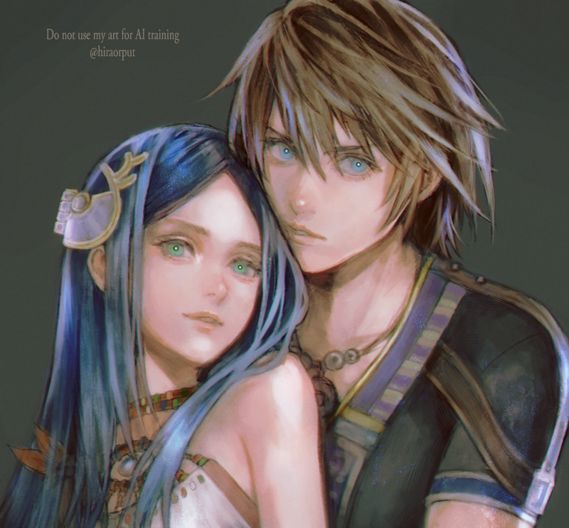 hirao (hiered), noel kreiss, paddra nsu-yeul, final fantasy, final fantasy xiii, final fantasy xiii-2, 1boy, 1girl, bare shoulders, black shirt, blue eyes, blue hair, brown hair, couple, green eyes, grey background, hair between eyes, hair ornament, hetero, jewelry, long hair, necklace, parted bangs, parted lips, shirt, short hair, short sleeves, straight hair, twitter username, upper body