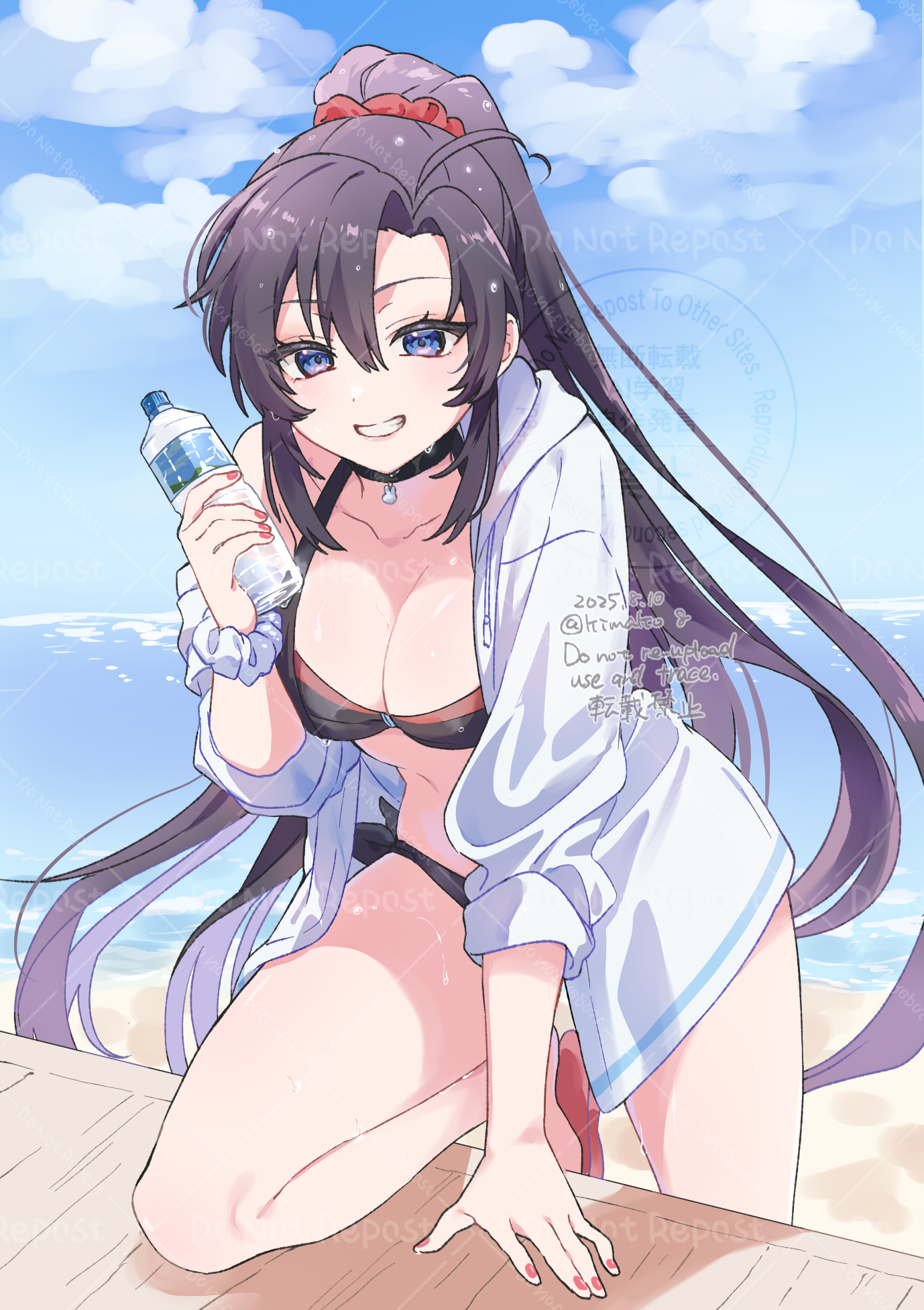 kimako (kimako 8), wei wuxian, modao zushi, highres, 1girl, ahoge, alternate costume, arm support, beach, bikini, black bikini, black choker, black hair, blue eyes, blue sky, blush, bottle, breasts, choker, cleavage, cloud, cloudy sky, collarbone, dated, day, eyelashes, genderswap, genderswap (mtf), grin, hair between eyes, hand up, high ponytail, holding, holding bottle, hood, hood down, hooded jacket, horizon, jacket, large breasts, leaning forward, long hair, long sleeves, looking at viewer, nail polish, navel, ocean, off shoulder, open clothes, open jacket, outdoors, ponytail, red nails, red sandals, red scrunchie, sand, sandals, scrunchie, sidelocks, single bare shoulder, sky, smile, solo, summer, swimsuit, teeth, twitter username, very long hair, water, water bottle, water drop, watermark, watermark grid, wet, wet hair, white jacket, white scrunchie, wrist scrunchie