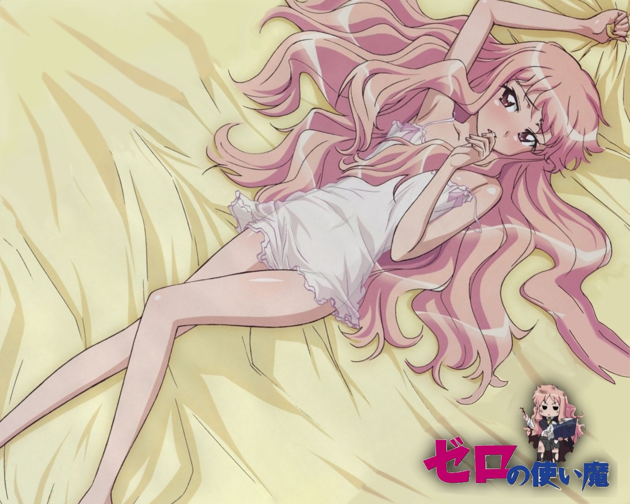 louise francoise le blanc de la valliere, zero no tsukaima, artist request, non-web source, 00s, 1girl, bed, chibi, eyecatch, female focus, finger in own mouth, lingerie, lying, negligee, no panties, pink eyes, pink hair, pinup (style), solo, underwear