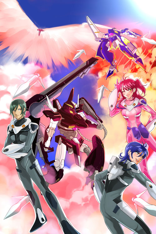 ask, ask (densicho), johann trinity, michael trinity, nena trinity, gundam, gundam 00, pilot suit, 00s, 1girl, 2boys, blush, bodysuit, brother and sister, brothers, day, gloves, mecha, multiple boys, one eye closed, red hair, robot, siblings, sky, v, wink, yellow eyes