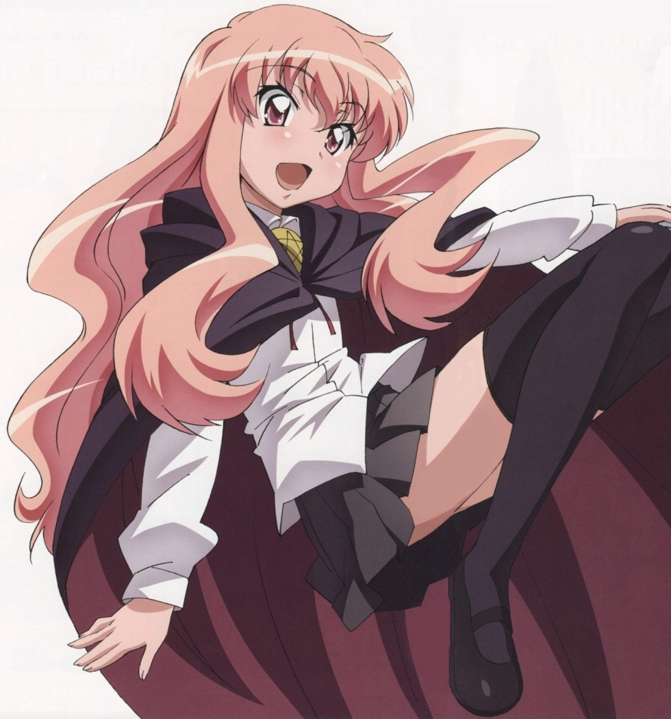 louise francoise le blanc de la valliere, zero no tsukaima, artist request, non-web source, 00s, 1girl, cape, female focus, pentacle, pink eyes, pink hair, solo, thighhighs, white background