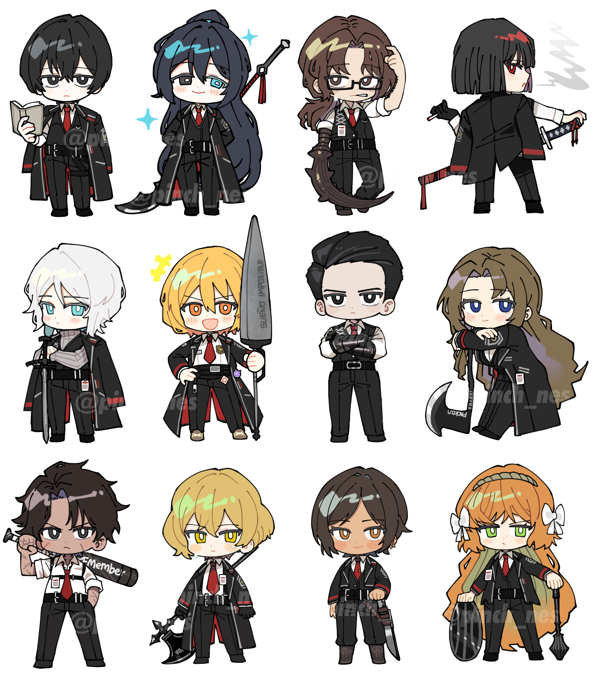 pinch (nesume), don quixote (project moon), faust (project moon), gregor (project moon), heathcliff (project moon), hong lu (project moon), ishmael (project moon), meursault (project moon), outis (project moon), rodion (project moon), ryoshu (project moon), sinclair (project moon), yi sang (project moon), limbus company, project moon, hashtag-only commentary, highres, 6+boys, 6+girls, black eyes, black hair, blonde hair, blue eyes, brown hair, cigarette, glasses, holding, long hair, multiple boys, multiple girls, necktie, orange hair, red necktie, short hair, very long hair, watermark, weapon, white hair, yellow eyes