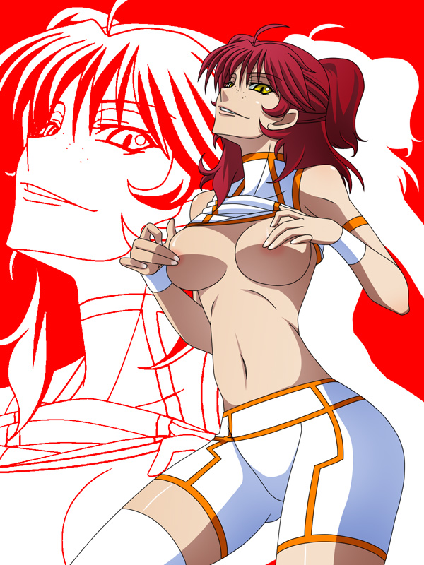 ichimedoo, nena trinity, gundam, gundam 00, 00s, 1girl, blouse, breast press, breasts, clothes lift, covering nipples, covering privates, female focus, freckles, red hair, shirt, shirt lift, shorts, solo, thighhighs, white shirt, white thighhighs, yellow eyes, zettai ryouiki, zoom layer