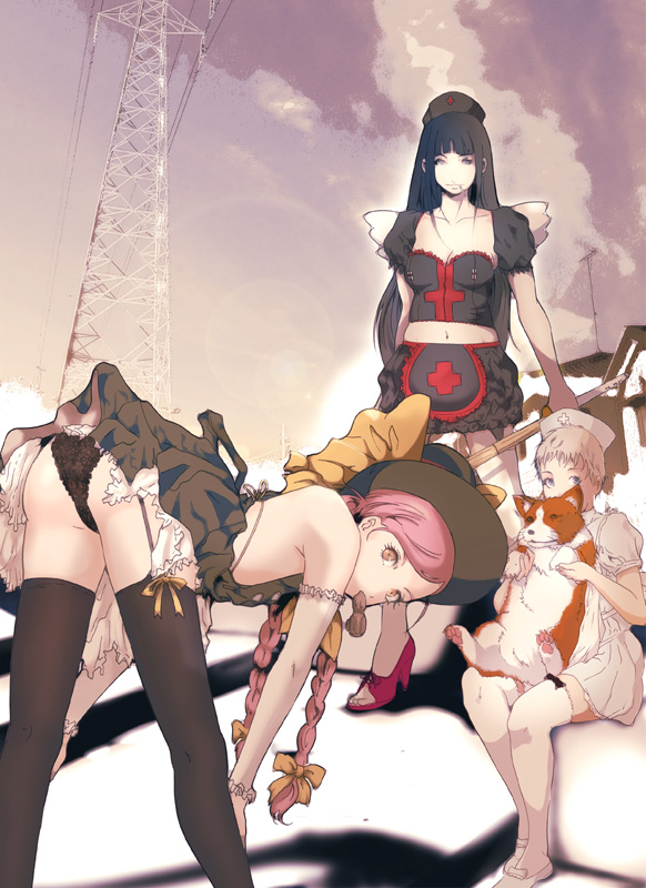 okazuwa shake, original, 3girls, ass, bent over, black panties, braid, dog, dress, garter belt, multiple girls, nurse, panties, pink hair, power lines, sky, thighhighs, twin braids, underwear