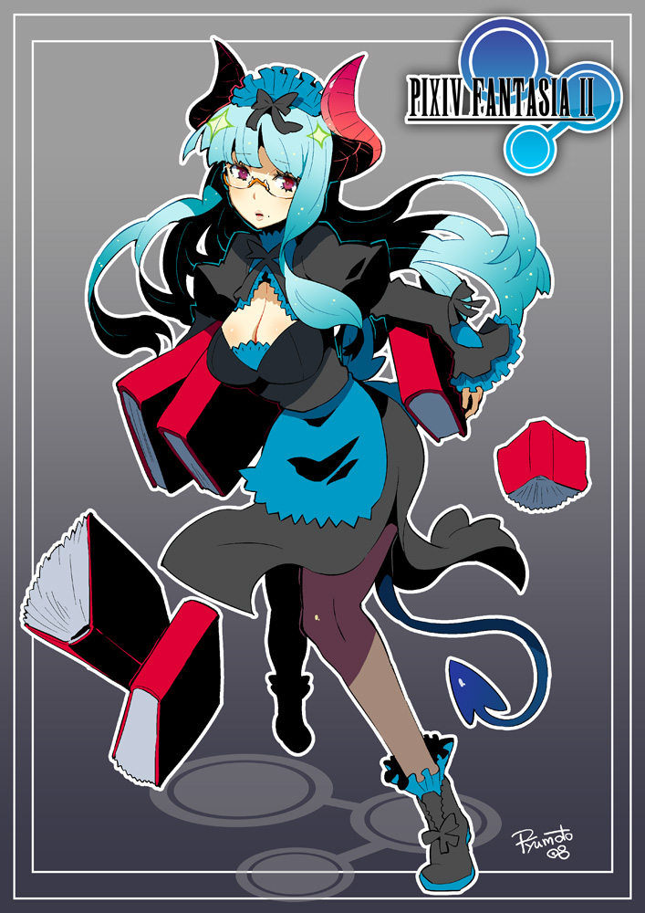 hamamoto ryuusuke, pixiv fantasia, pixiv fantasia 2, read or die, 00s, 1girl, blue hair, book, breasts, cleavage, copyright name, demon tail, dress, female focus, glasses, horns, long hair, mole, pantyhose, red eyes, signature, solo, tail