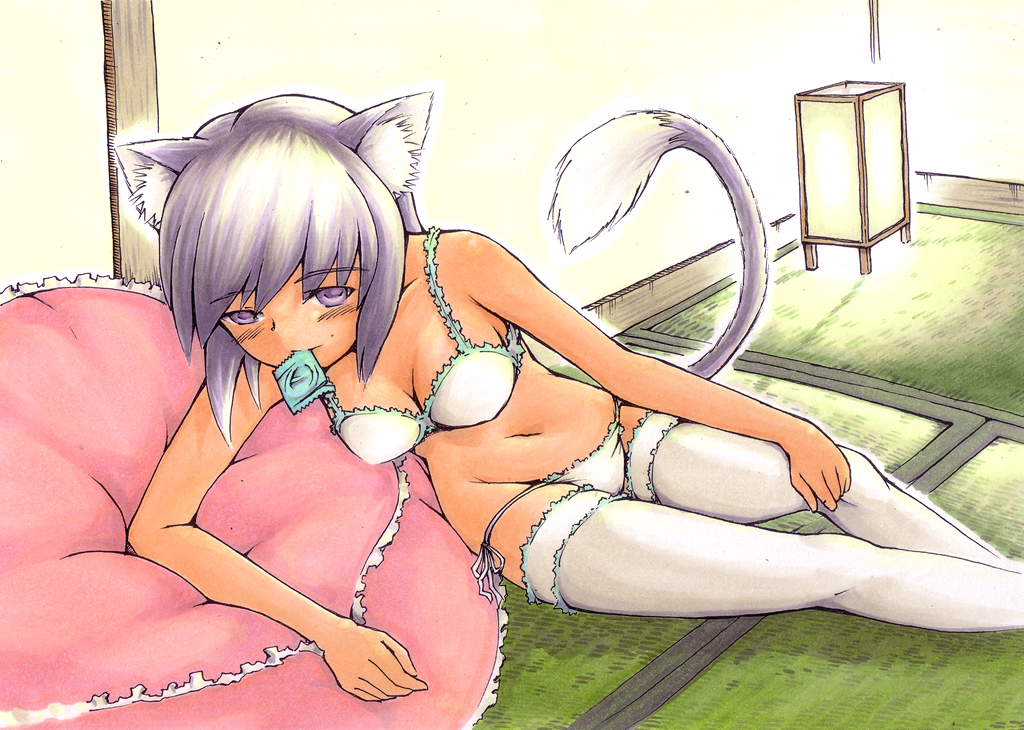 daizu (323449), daizu sanchi, original, traditional media, 1girl, animal ears, blush, breasts, cat ears, cat tail, cleavage, condom, condom in mouth, female focus, lace, lace-trimmed panties, lace trim, lingerie, lowleg, lowleg panties, medium breasts, mouth hold, navel, panties, purple eyes, purple hair, short hair, side-tie panties, solo, tail, thighhighs, underwear, white panties