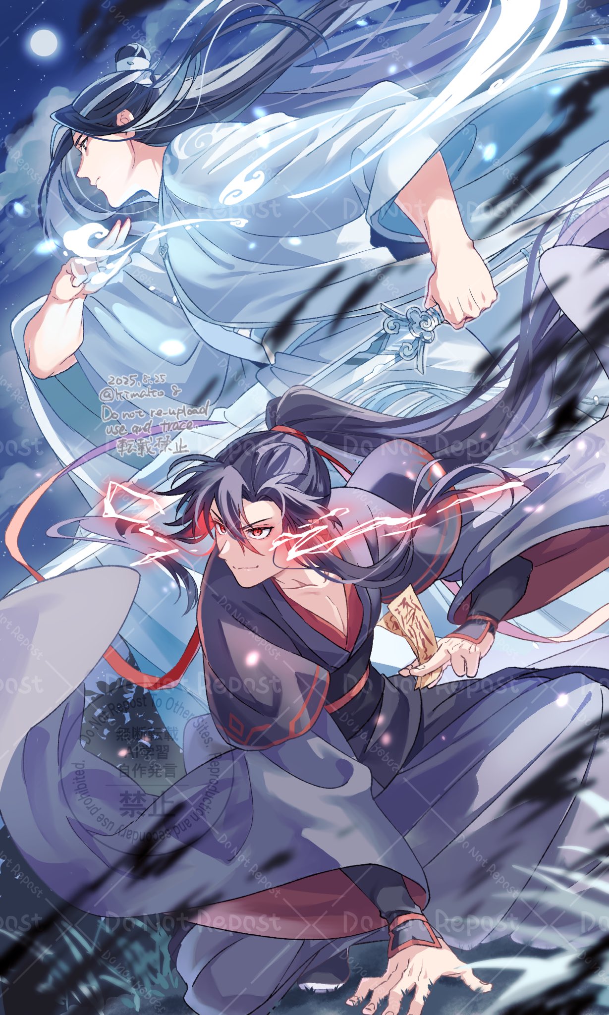 kimako (kimako 8), lan wangji, wei wuxian, modao zushi, highres, 2boys, ahoge, arm support, aura, between fingers, bichen sword, bishounen, black boots, black hair, black hanfu, black sash, blue sash, blurry, blurry foreground, boots, chinese clothes, closed mouth, cloud, collarbone, dated, energy, fighting stance, floating clothes, floating hair, full moon, glowing, glowing eyes, grass, hair ribbon, hand on ground, hanfu, headband, holding, holding ofuda, holding sword, holding weapon, jian (weapon), kuji-in, light particles, long hair, long sleeves, male focus, moon, multiple boys, night, night sky, ofuda, ofuda between fingers, on one knee, outdoors, pectoral cleavage, pectorals, ponytail, red eyes, red ribbon, red sash, ribbon, robe, sash, sidelocks, sky, sleeves past wrists, smile, standing, sword, topknot, twitter username, very long hair, watermark, watermark grid, weapon, white hanfu, white headband, wide sleeves, xiao guan (headdress)