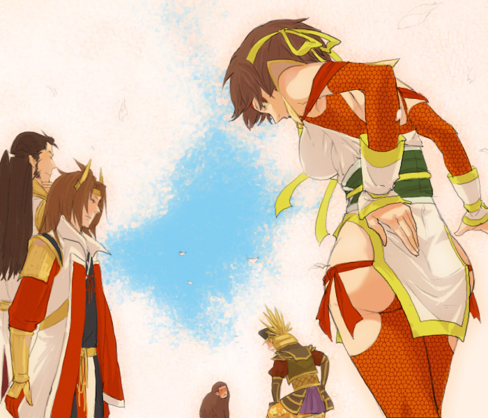 egawa satsuki, ishida mitsunari, ishida mitsunari (sengoku musou), nene, nene (sengoku musou), shima sakon, shima sakon (sengoku musou), toyotomi hideyoshi, toyotomi hideyoshi (sengoku musou), sengoku musou, sengoku musou 2, looking away, 1girl, 3boys, arm guards, armor, ass, breasts, brown hair, coat, colored sclera, day, facial hair, hairband, hand on own ass, large breasts, leaning forward, long hair, monkey, multiple boys, overcoat, red sclera, ribbon, sash, sky, very long hair